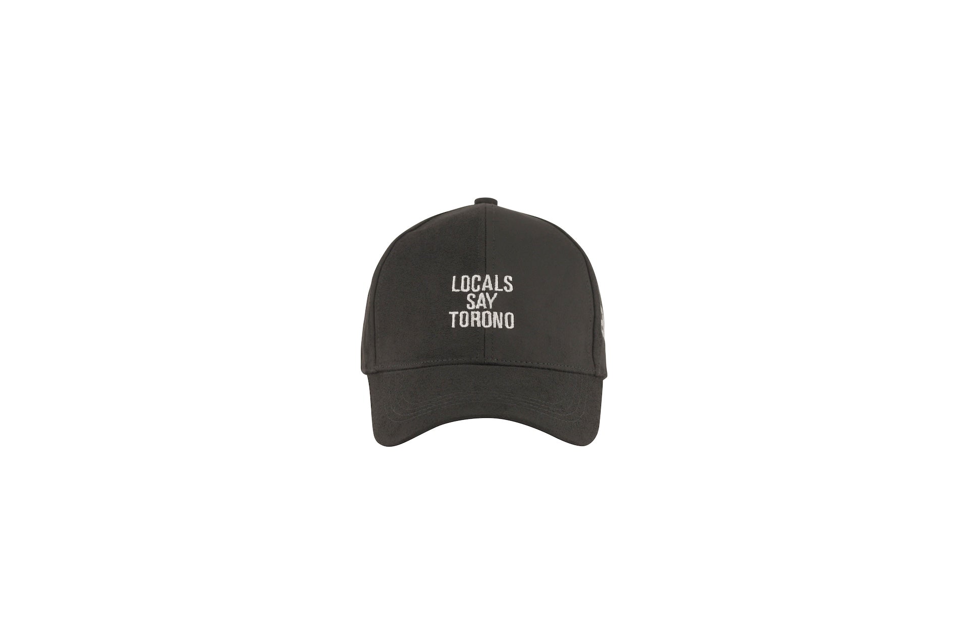 Local Say Torono microsuede strapback hat in black with embroidered wordmark, front view