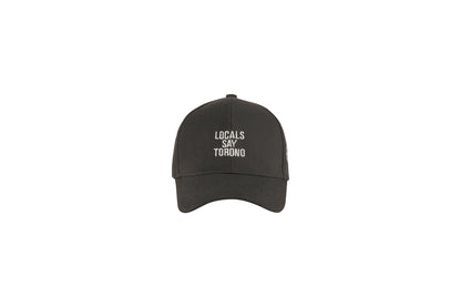 Local Say Torono microsuede strapback hat in black with embroidered wordmark, front view